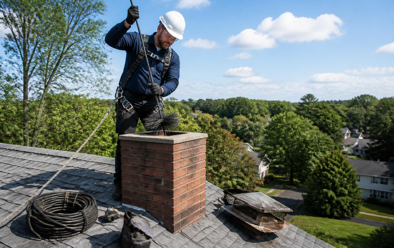 Chimney sweep cleaning a residential brick chimney from the rooftop