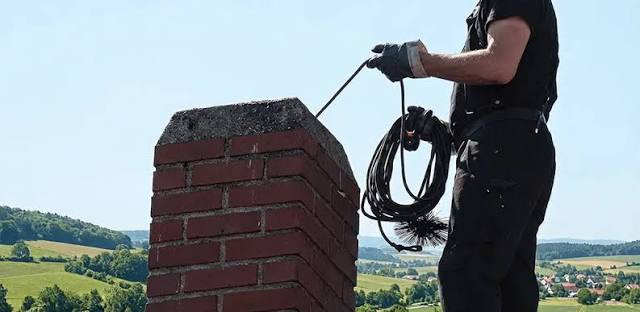 Technician feeding chimney-cleaning equipment into an outdoor brick flue