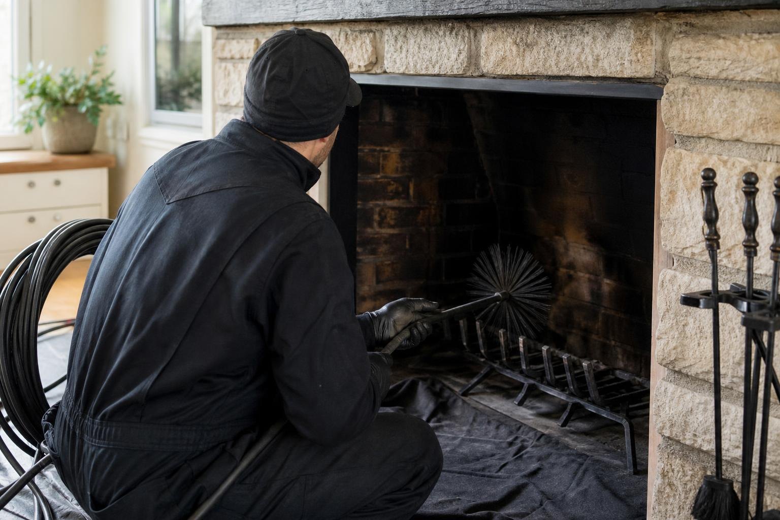 Chimney professional inspecting and brushing the inside of a stone fireplace