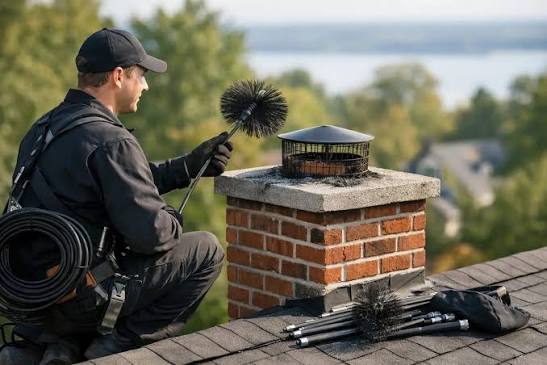 Chimney sweep preparing a rotary brush beside a capped brick chimney